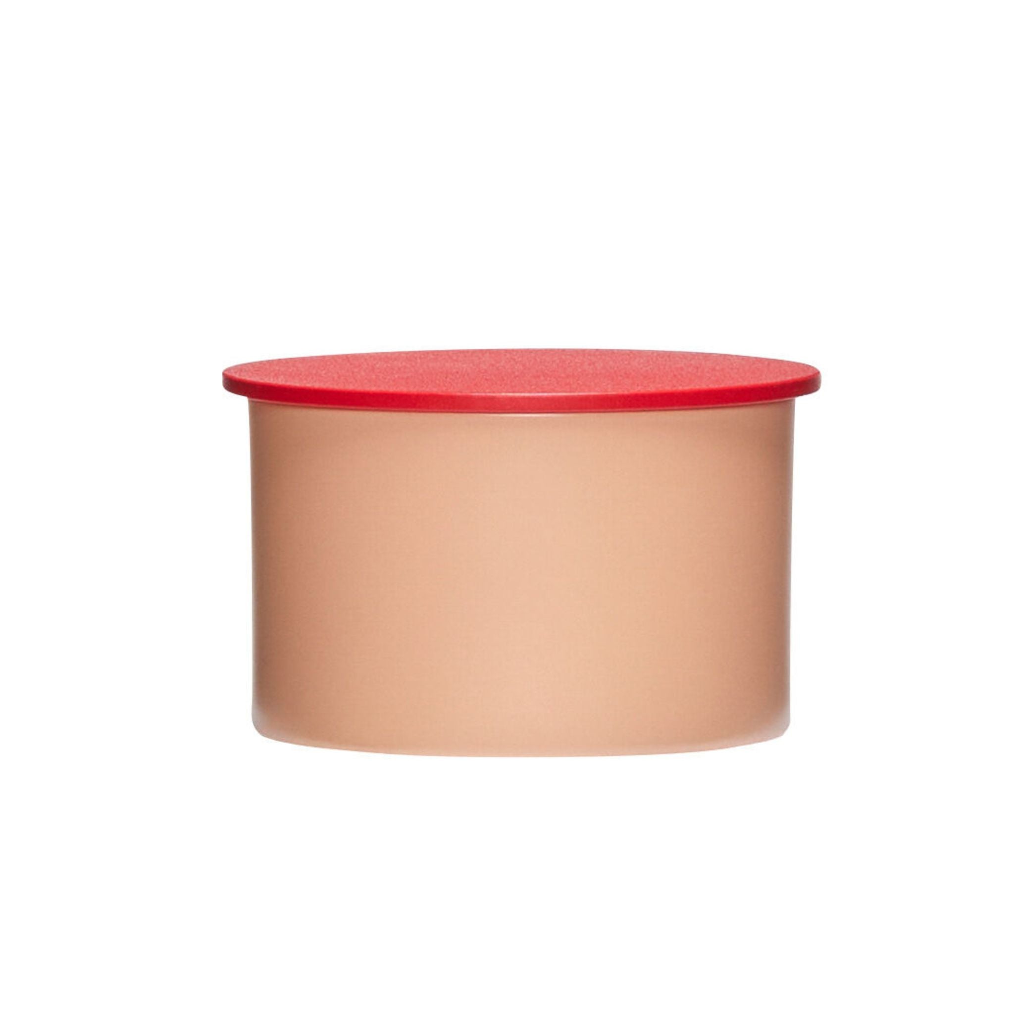 Kleine Metalldose in rosa mit rotem Deckel.