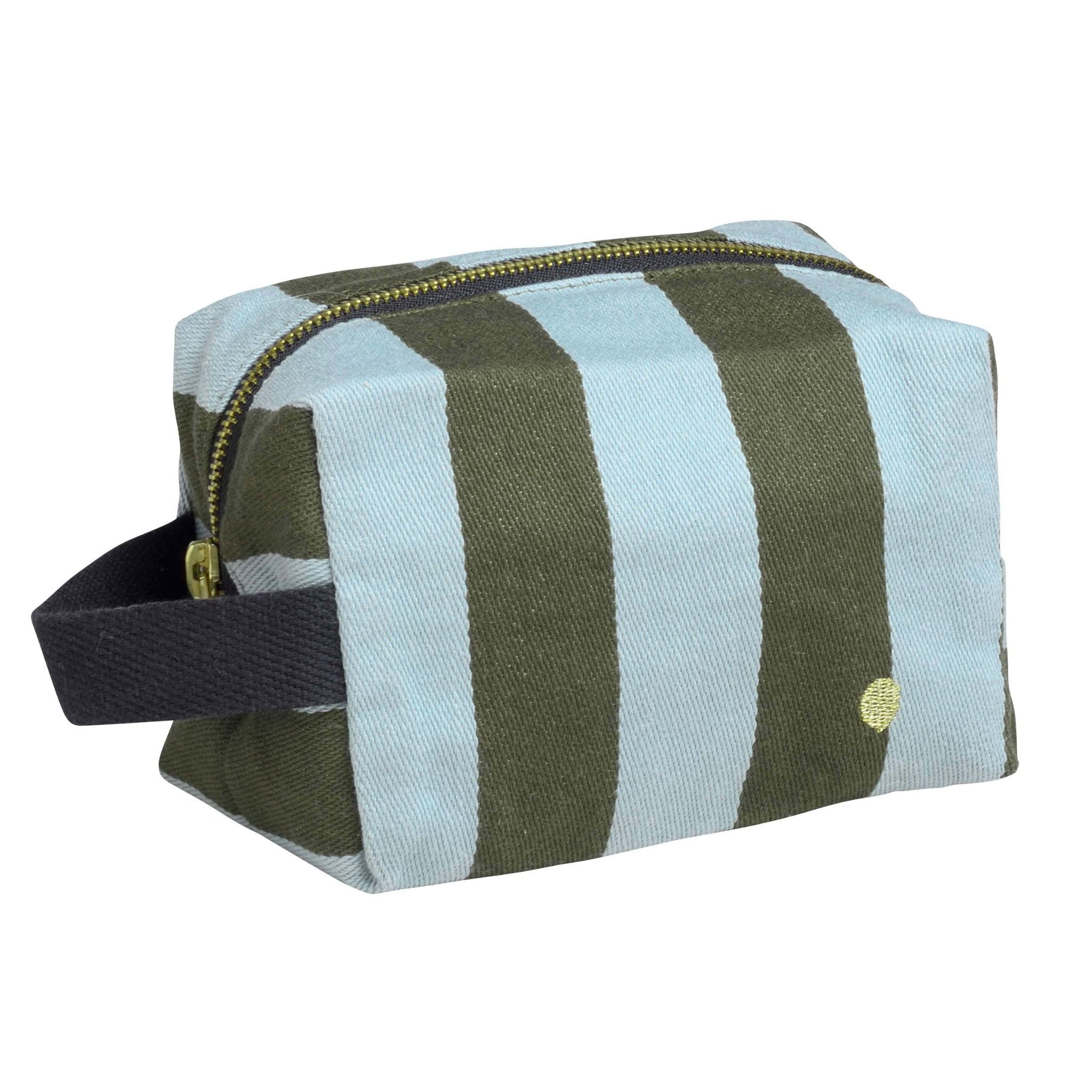 Kulturbeutel in Würfelform aus Bio-Baumwolle von La Cerise sur le gâteau in gruen-hellblau-gestreift mit Reissverschluss.
