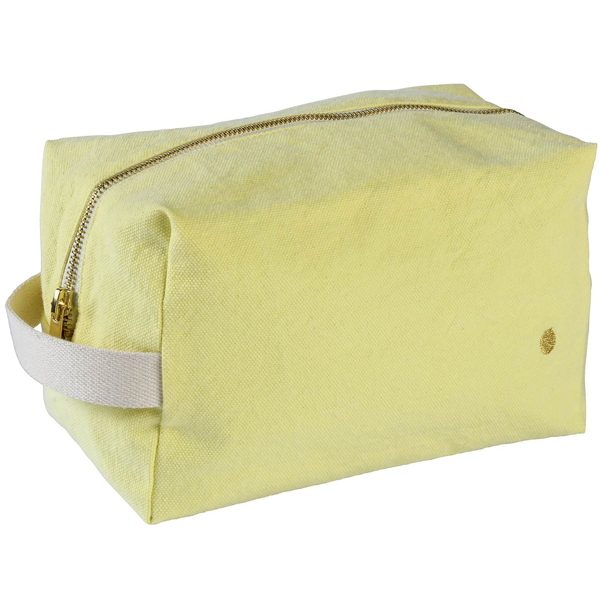 Kulturbeutel in Würfelform aus Bio-Baumwolle mit Reissverschluss von La Cerise sur le Gâteau in gelb.