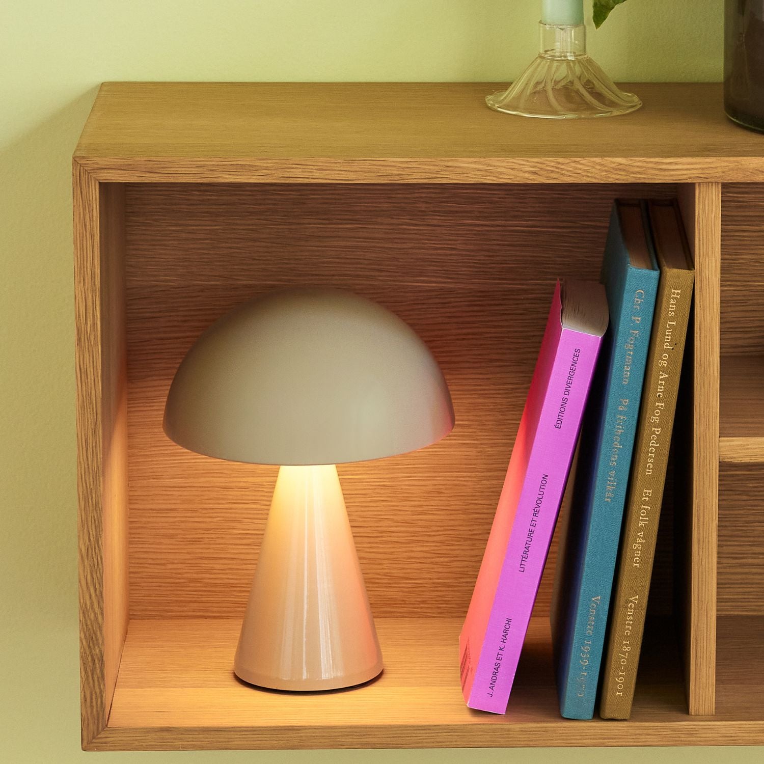 Sandfarbene tragbare Lampe im Bücherregal dekoriert