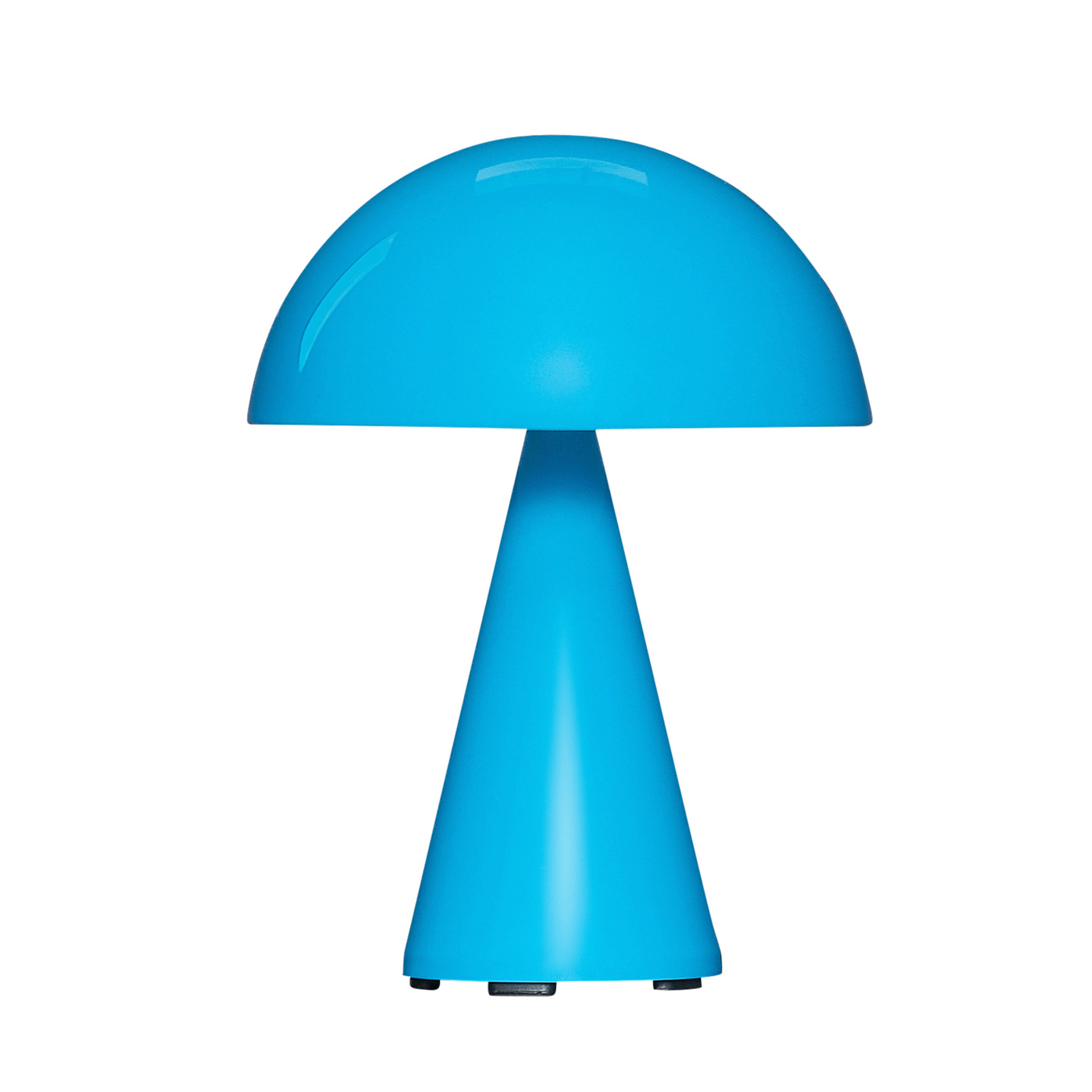 Blau-türkis farbene Lampe aus Metal in Pilzform.