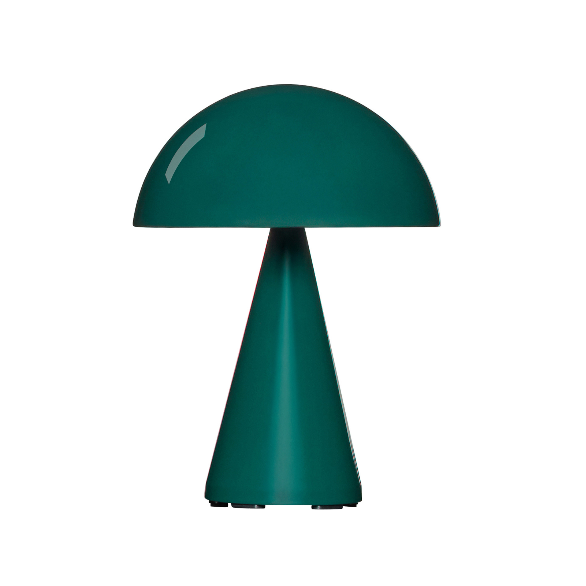 Dunkelgruenfarbene Lampe aus Metal in Pilzform.