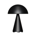 Schwarze Metallampe in Pilzform.