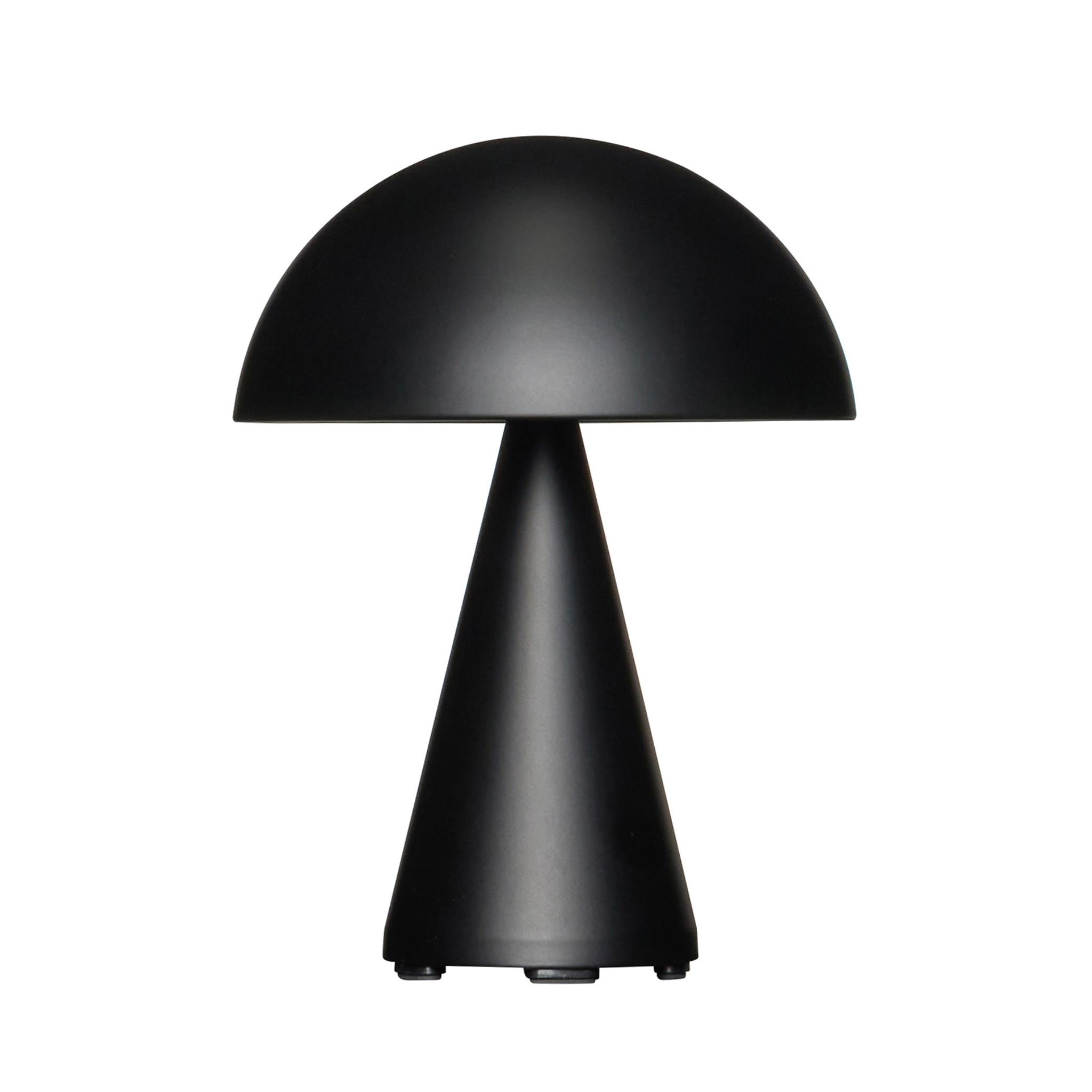 Schwarze Metallampe in Pilzform.
