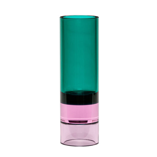 Zylindrischer Teelichthalter umgedreht auch als ase verwendbar aus dickem Glas in Grün und Rosa.