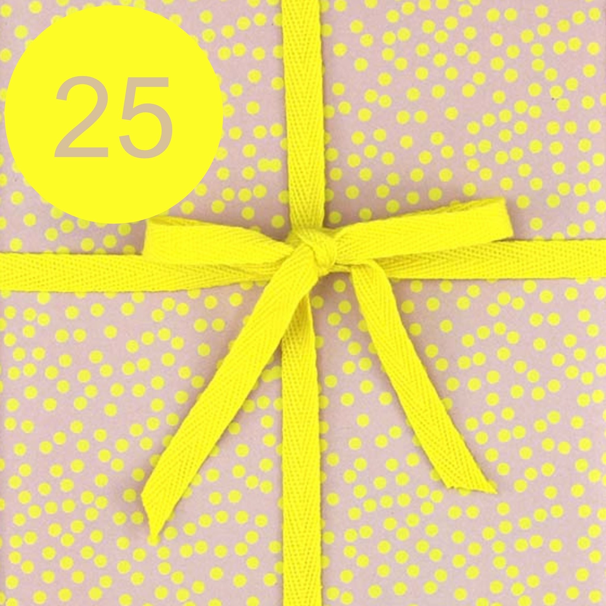 Geschenkpapier mit einer gelben Schleife und der Zahl 25.