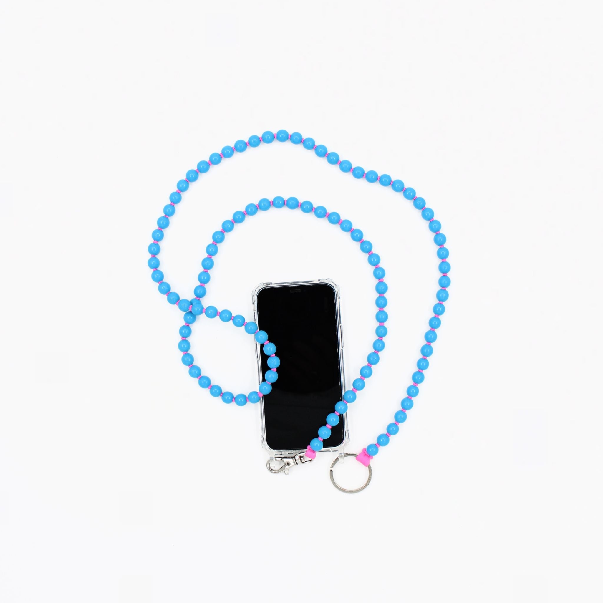 Lange Handykette aus hellblauen Holzperlen mit silbernem Schlüsselring und kleinem Karabinerhaken.