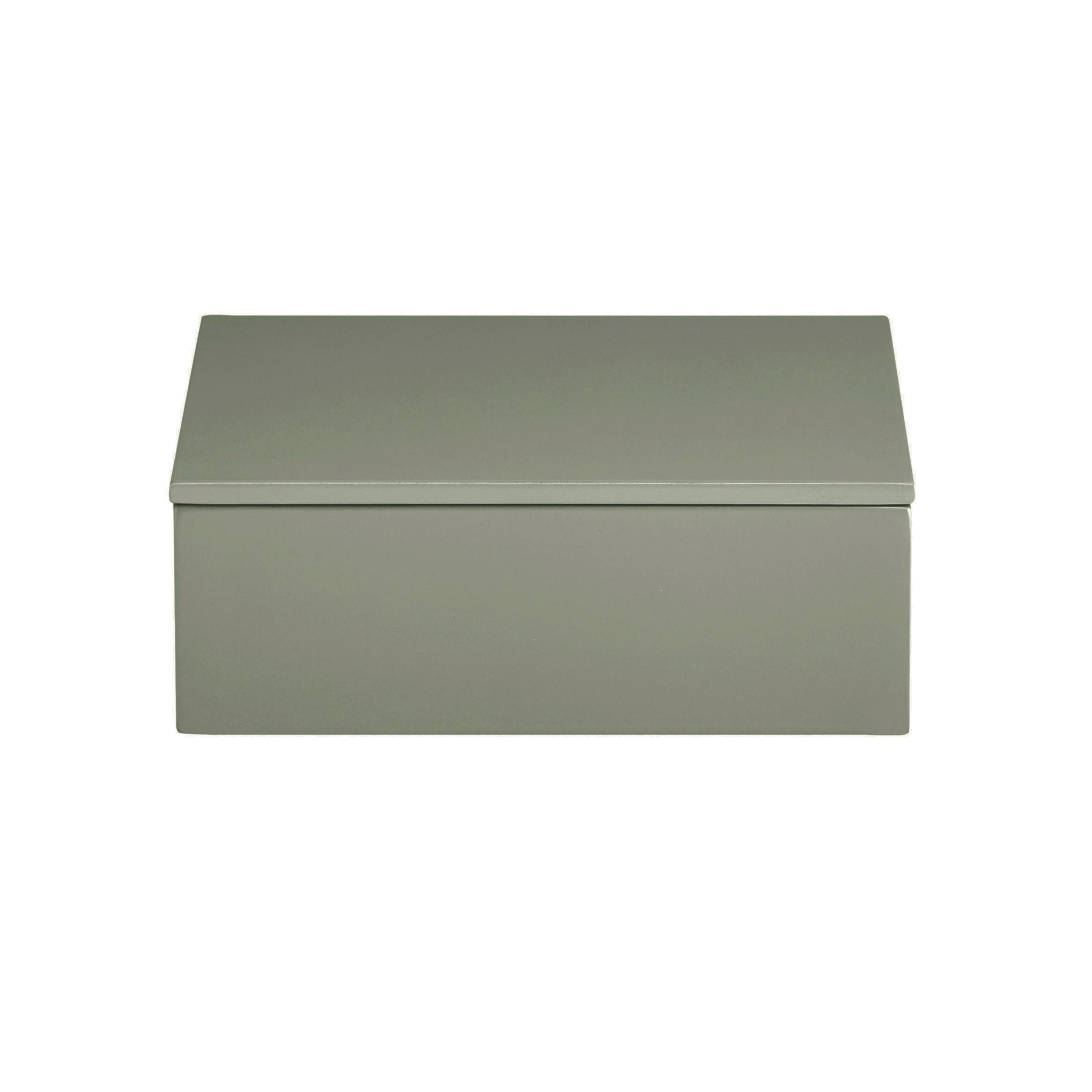 Quadratsche Lackbox in salbeifarben mit deckel.